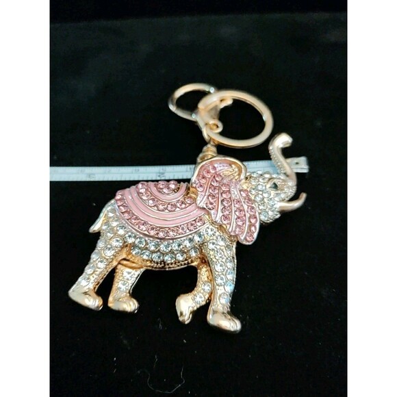 Pink & Gold Tone Rhinestone Elephant Bag Charm Keychain Trunk Up - Picture 4 of 4